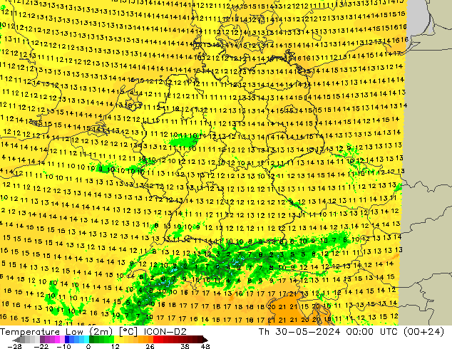 Nejnižší teplota (2m) ICON-D2 Čt 30.05.2024 00 UTC
