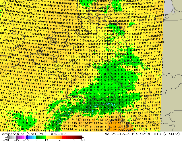 mapa temperatury (2m) ICON-D2 śro. 29.05.2024 02 UTC