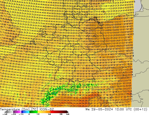 карта температуры ICON-D2 ср 29.05.2024 12 UTC