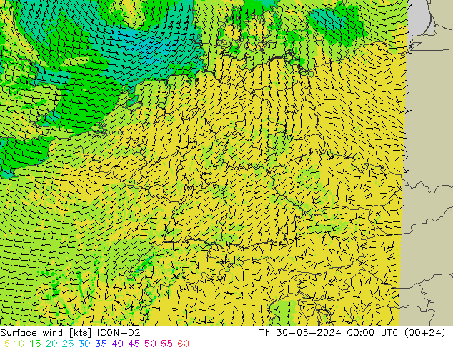 Surface wind ICON-D2 Čt 30.05.2024 00 UTC