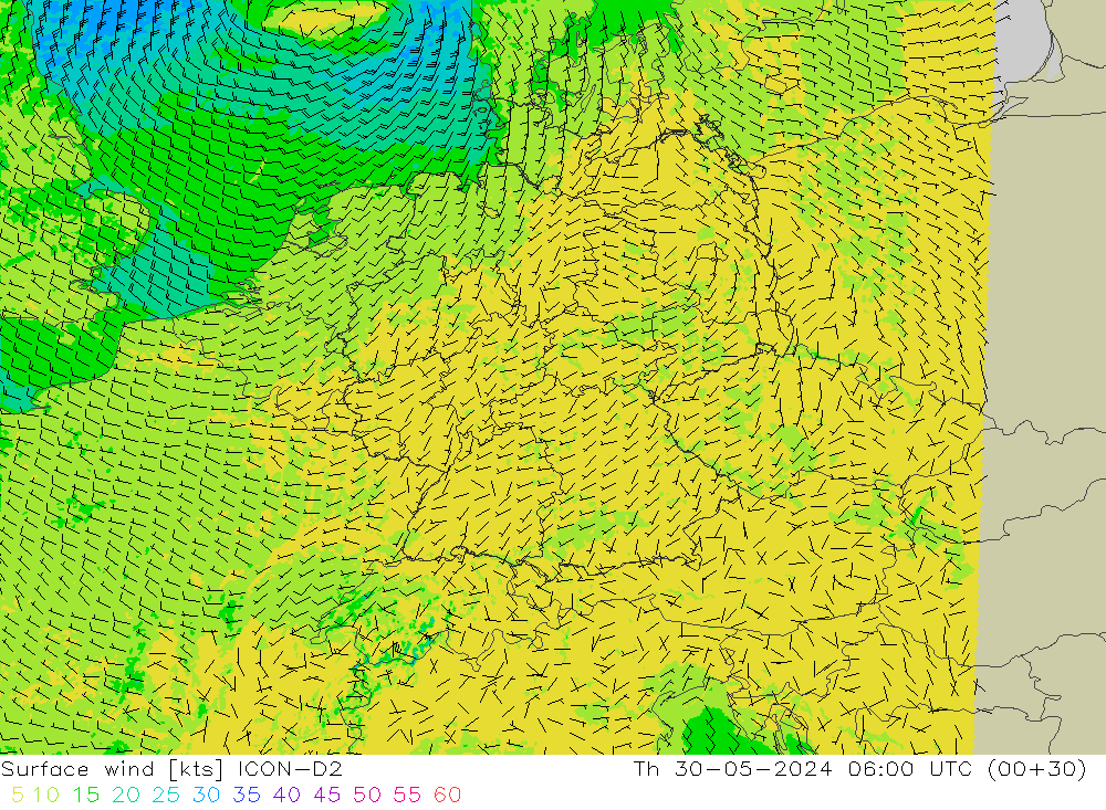 ветер 10 m ICON-D2 чт 30.05.2024 06 UTC