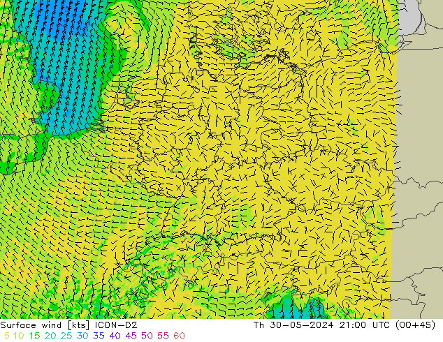 Surface wind ICON-D2 Th 30.05.2024 21 UTC