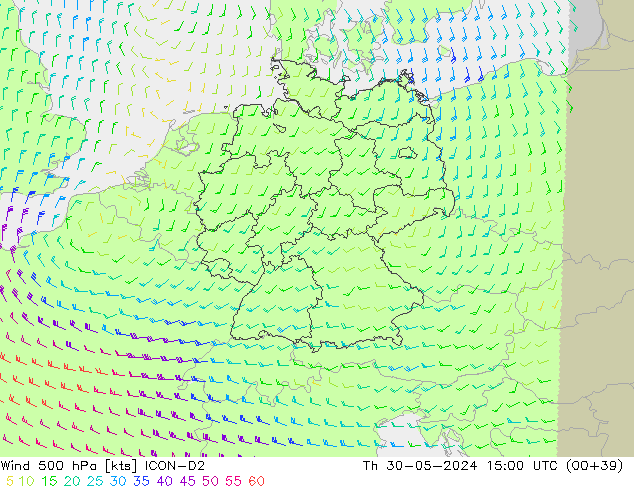 Vento 500 hPa ICON-D2 Qui 30.05.2024 15 UTC