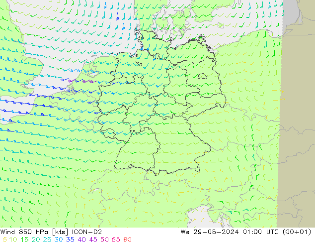 ветер 850 гПа ICON-D2 ср 29.05.2024 01 UTC