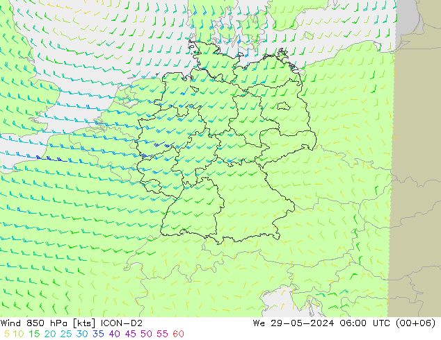 wiatr 850 hPa ICON-D2 śro. 29.05.2024 06 UTC