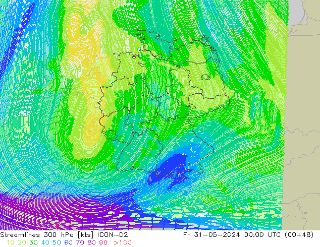 Streamlines 300 hPa ICON-D2 Fr 31.05.2024 00 UTC