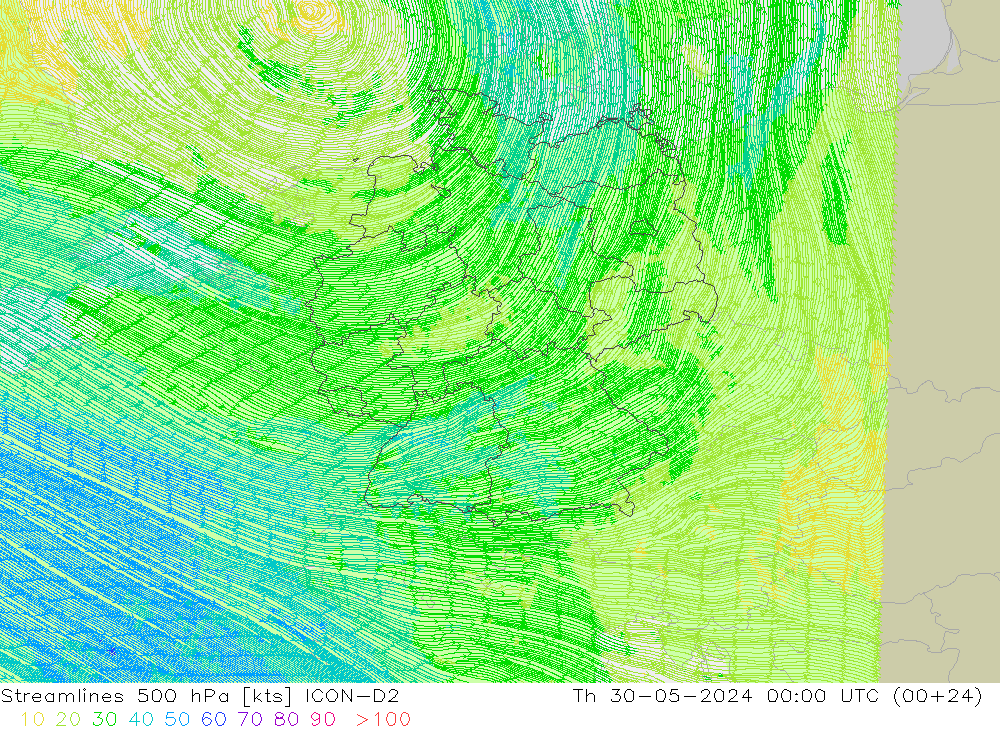 Streamlines 500 hPa ICON-D2 Čt 30.05.2024 00 UTC