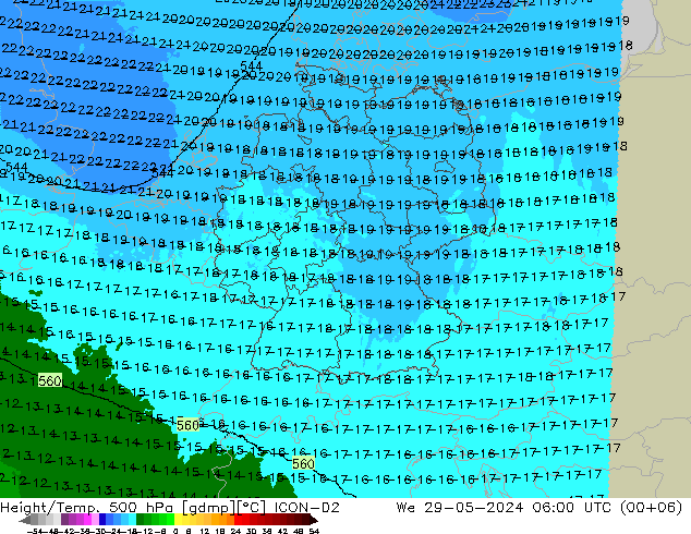 Height/Temp. 500 hPa ICON-D2 śro. 29.05.2024 06 UTC