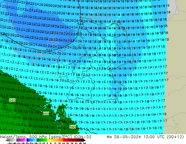 Height/Temp. 500 hPa ICON-D2 Mi 29.05.2024 12 UTC