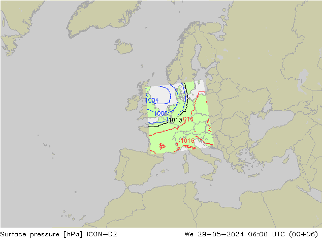 Surface pressure ICON-D2 We 29.05.2024 06 UTC