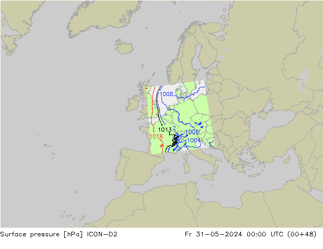 Presión superficial ICON-D2 vie 31.05.2024 00 UTC