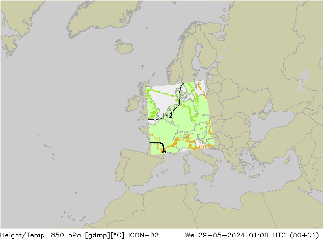 Height/Temp. 850 hPa ICON-D2 St 29.05.2024 01 UTC