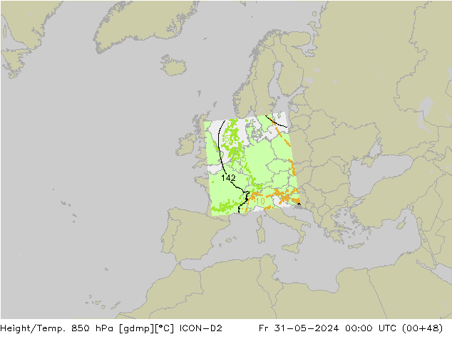 Hoogte/Temp. 850 hPa ICON-D2 vr 31.05.2024 00 UTC