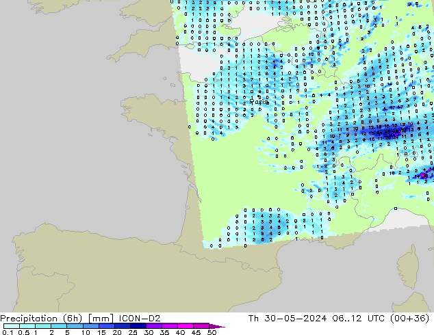 Precipitation (6h) ICON-D2 Th 30.05.2024 12 UTC