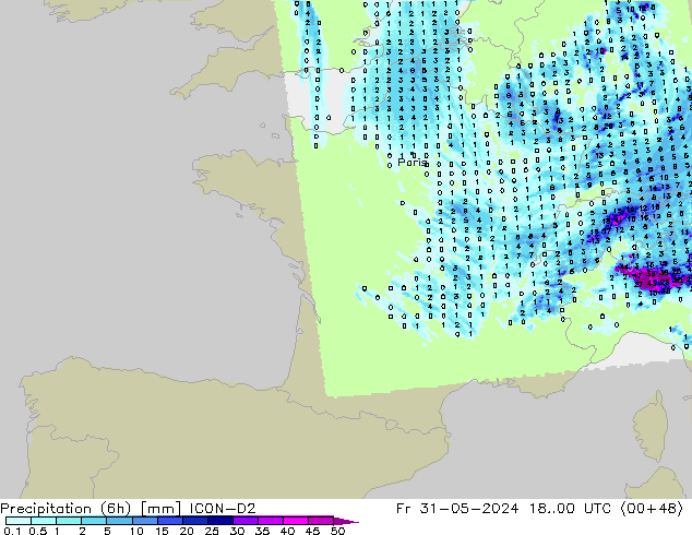 Precipitazione (6h) ICON-D2 ven 31.05.2024 00 UTC