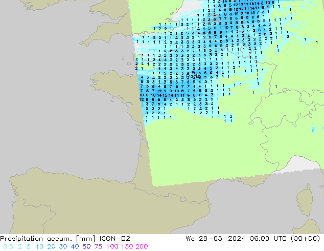 Totale neerslag ICON-D2 wo 29.05.2024 06 UTC