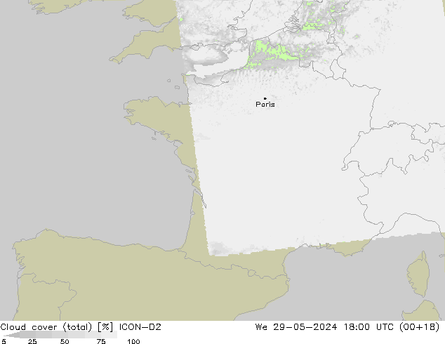 Nuages (total) ICON-D2 mer 29.05.2024 18 UTC