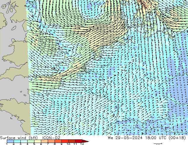 Surface wind (bft) ICON-D2 St 29.05.2024 18 UTC