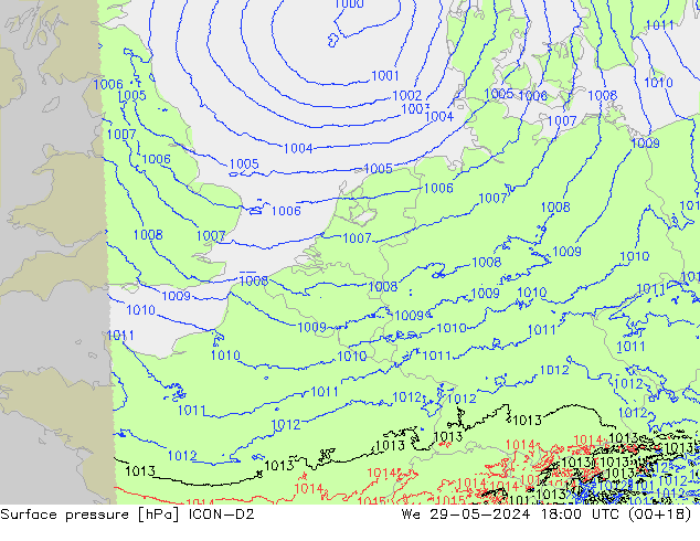 Surface pressure ICON-D2 We 29.05.2024 18 UTC