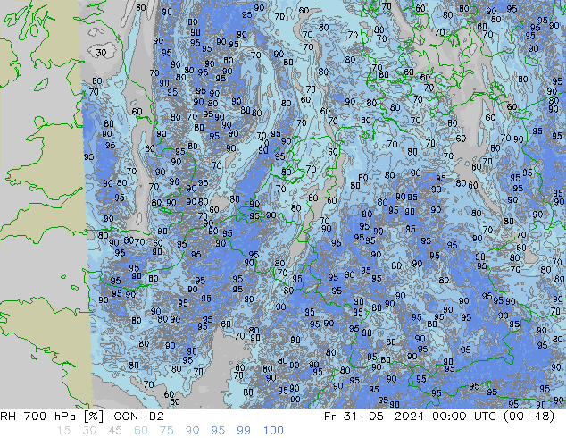 RH 700 hPa ICON-D2 pt. 31.05.2024 00 UTC