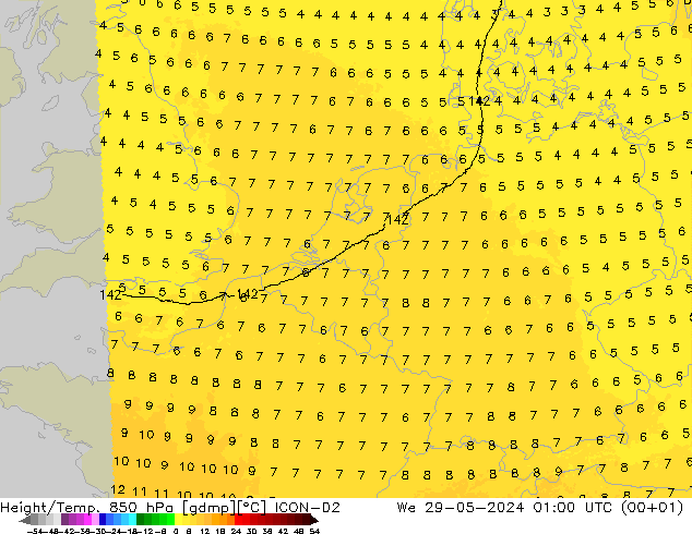 Height/Temp. 850 hPa ICON-D2 Mi 29.05.2024 01 UTC