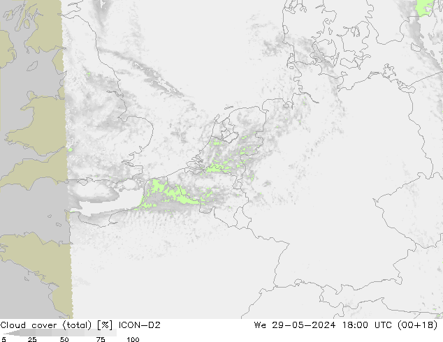 Cloud cover (total) ICON-D2 St 29.05.2024 18 UTC