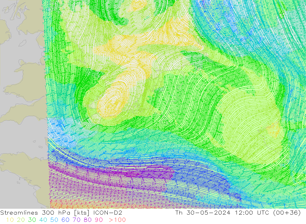 ветер 300 гПа ICON-D2 чт 30.05.2024 12 UTC