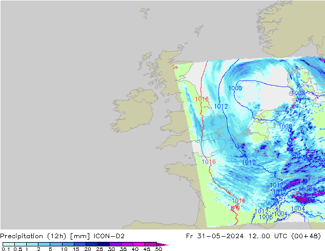 Precipitation (12h) ICON-D2 Pá 31.05.2024 00 UTC