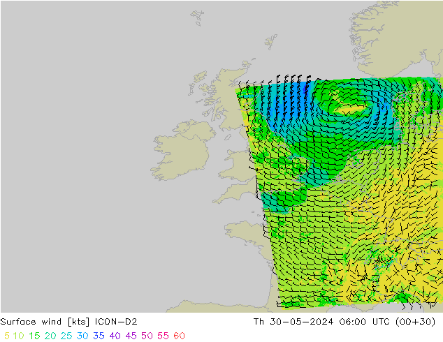 Vento 10 m ICON-D2 Qui 30.05.2024 06 UTC