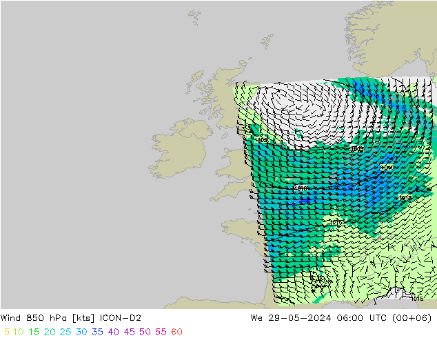 Vento 850 hPa ICON-D2 mer 29.05.2024 06 UTC