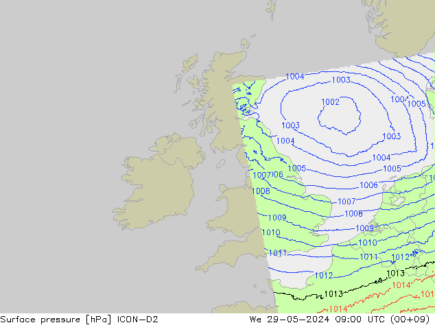 Pressione al suolo ICON-D2 mer 29.05.2024 09 UTC