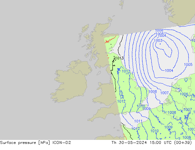 Pressione al suolo ICON-D2 gio 30.05.2024 15 UTC