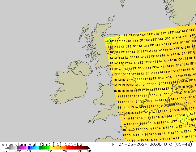 Temperature High (2m) ICON-D2 Fr 31.05.2024 00 UTC