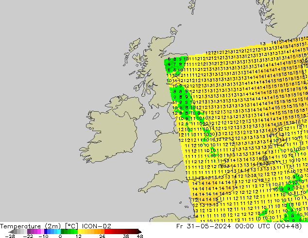 Temperaturkarte (2m) ICON-D2 Fr 31.05.2024 00 UTC