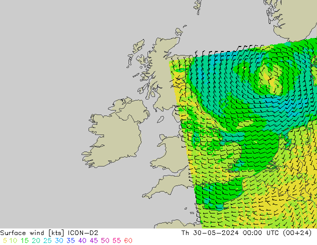 Viento 10 m ICON-D2 jue 30.05.2024 00 UTC