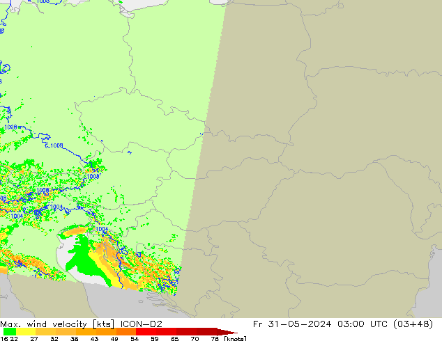 Max. wind velocity ICON-D2 pt. 31.05.2024 03 UTC