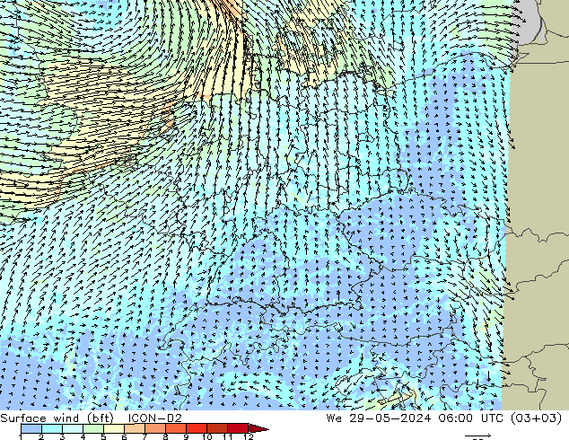 Surface wind (bft) ICON-D2 St 29.05.2024 06 UTC
