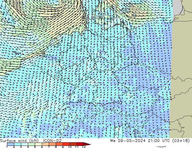 Surface wind (bft) ICON-D2 St 29.05.2024 21 UTC