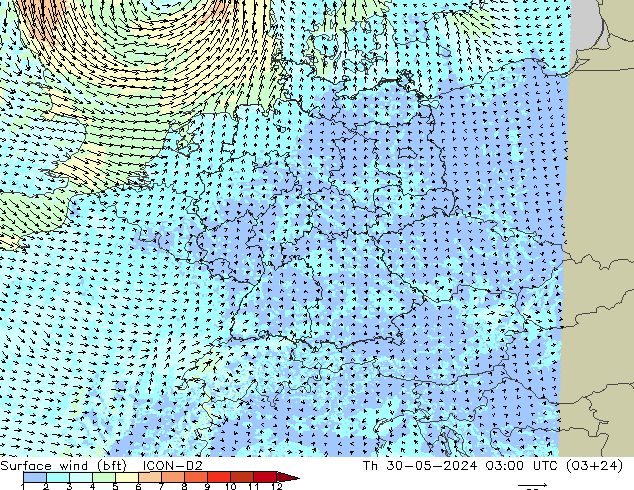 Surface wind (bft) ICON-D2 Čt 30.05.2024 03 UTC