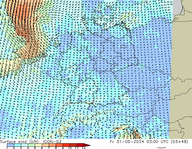 Bodenwind (bft) ICON-D2 Fr 31.05.2024 03 UTC