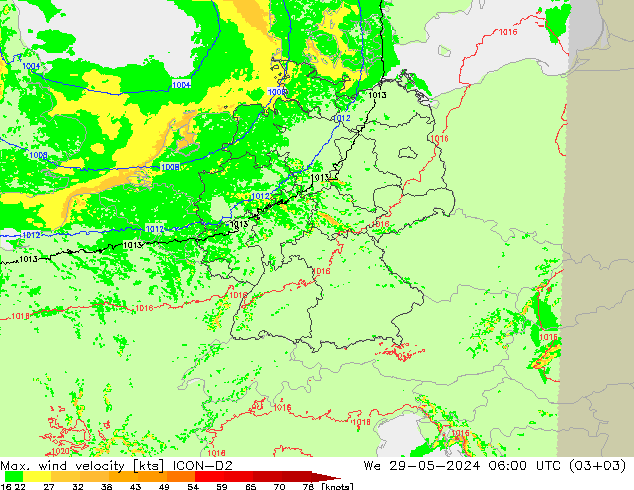 Max. wind velocity ICON-D2  29.05.2024 06 UTC