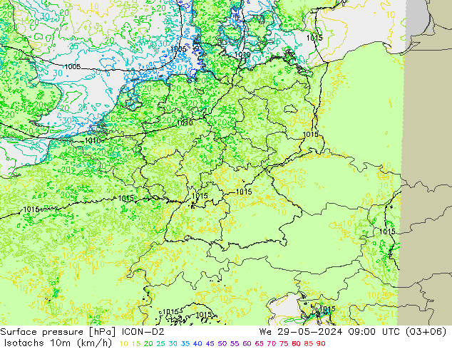 Isotachen (km/h) ICON-D2 wo 29.05.2024 09 UTC