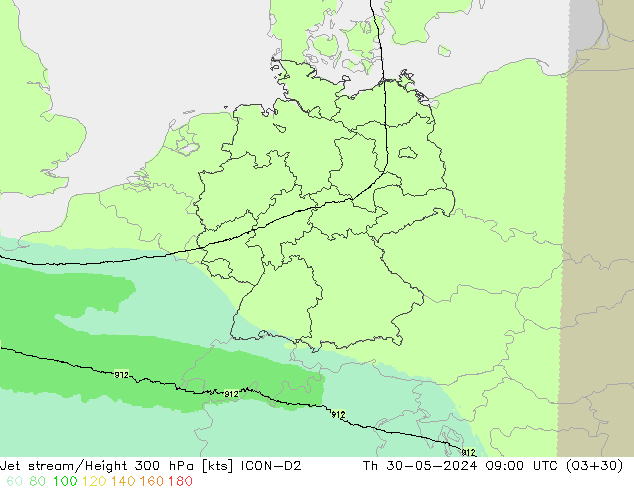 Jet stream ICON-D2 Qui 30.05.2024 09 UTC