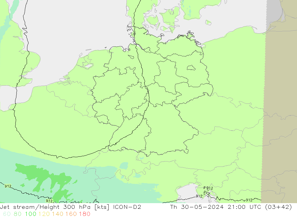 Prąd strumieniowy ICON-D2 czw. 30.05.2024 21 UTC