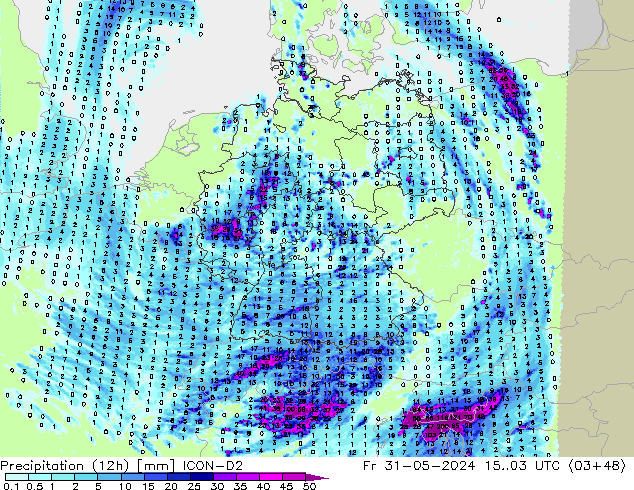 Precipitazione (12h) ICON-D2 ven 31.05.2024 03 UTC