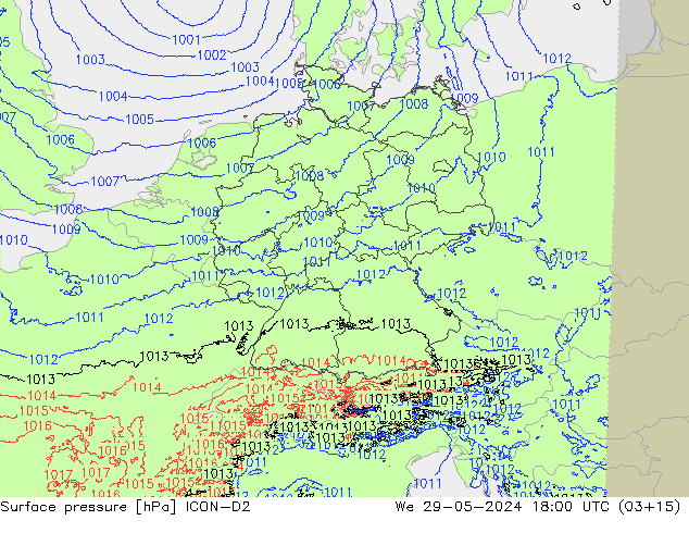 Luchtdruk (Grond) ICON-D2 wo 29.05.2024 18 UTC