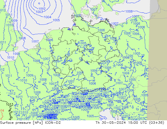 Atmosférický tlak ICON-D2 Čt 30.05.2024 15 UTC