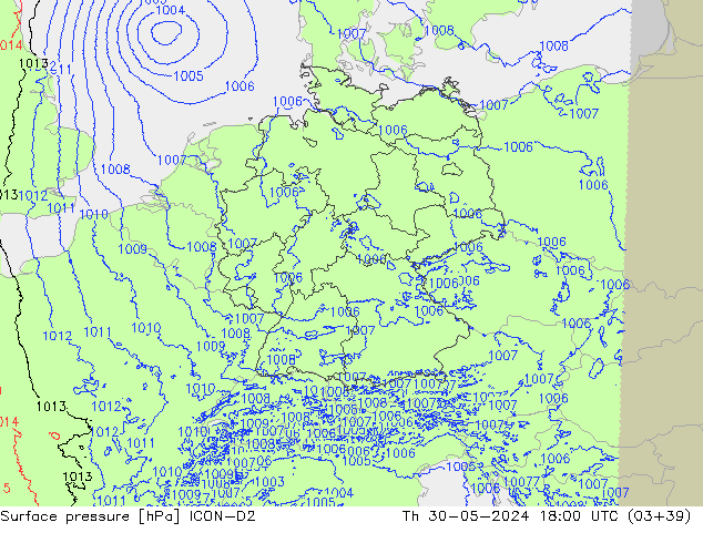 Pressione al suolo ICON-D2 gio 30.05.2024 18 UTC