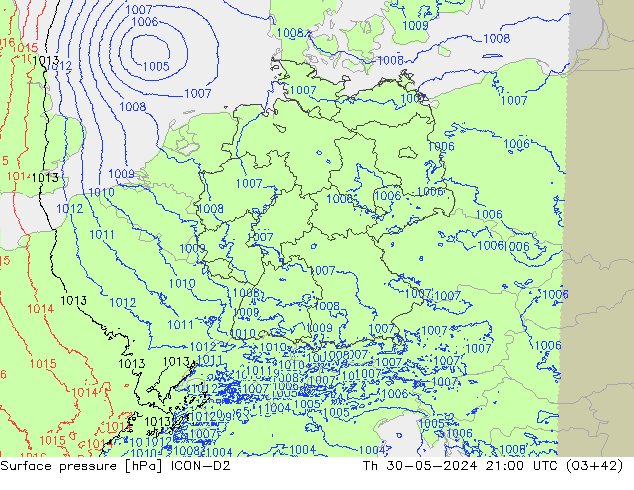 Luchtdruk (Grond) ICON-D2 do 30.05.2024 21 UTC