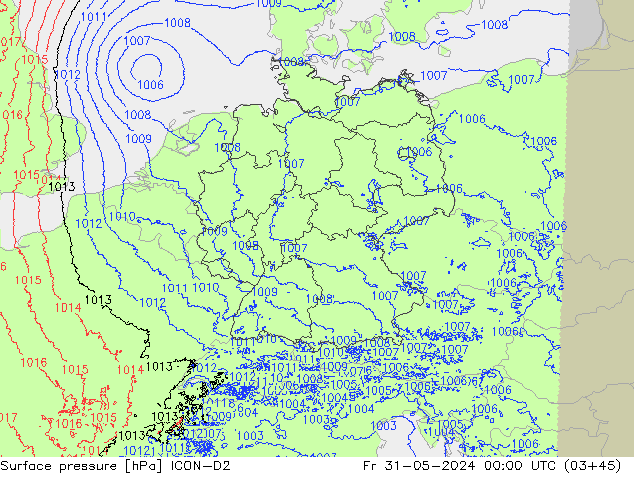 Pressione al suolo ICON-D2 ven 31.05.2024 00 UTC